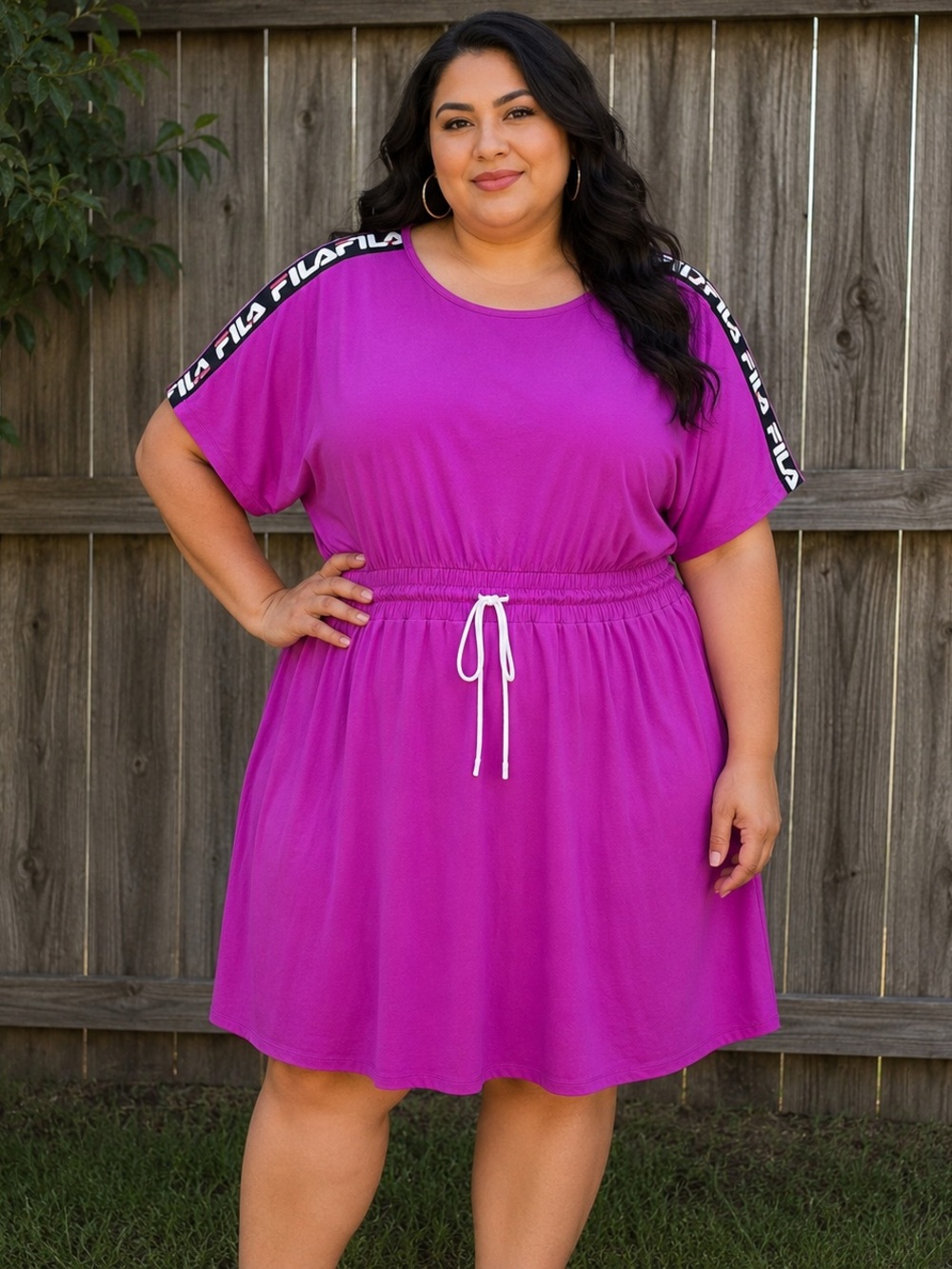 FILA Bright Magenta Purple Short Sleeve Drawstring Waist Dress